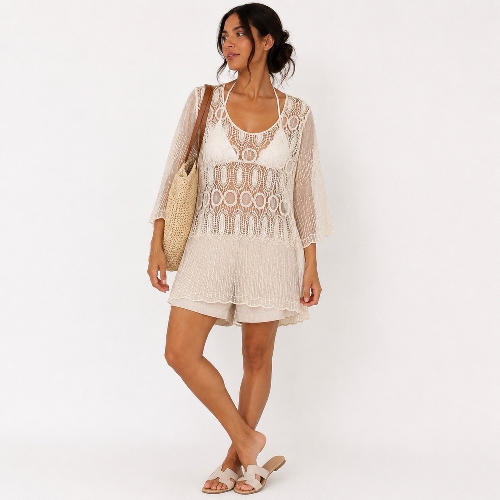 Cato Sheer Lace Coquette Top Boho Festival Layering Cream Women‎ Medium Crochet